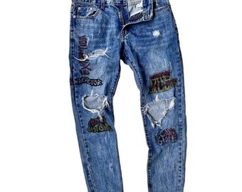Rare Unique Vintage Graffiti Distressed Print Paint Patchwork Jeans Reworked Street Urban Ripped Denim Crazy Handcrafted Pant Retro Artisan