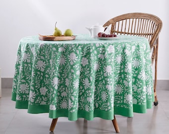 Green Floral Round Tablecloth, Indian Block Print Round Table Cover, Christmas Table Decorations, Large Wedding Table Round Table Cloth