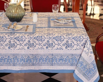 Blue & White Block Print Tablecloth , Garden Tablecloth, Indian Table Linen,  Floral Dinning TableCloth ,Elegant Rectangle Table Scape Decor