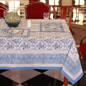 Blue & White Block Print Tablecloth , Garden Tablecloth, Indian Table Linen,  Floral Dinning TableCloth ,Elegant Rectangle Table Scape Decor