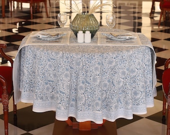 Mantel redondo floral azul, cubierta de mesa redonda con estampado de bloques indios, mantel circular, regalo de inauguración de la casa, mantel redondo de cocina de boda