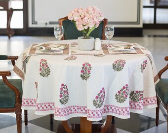 Indian White Round Tablecloth Cover, Block Printed Round Tablecloth, 90" Inch Tablecloth, Floral Round Dinning TableCloth,Circle Table cloth