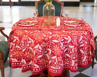 Red Block Printed Round Tablecloth, Floral Printed Round Tablecloth, 90