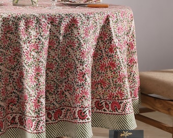 Green Pink Christmas Floral Round Tablecloth -  Elegant Block Print, Indian Cotton Dining Party, Housewarming Gift, Napkins Runner Mats Set