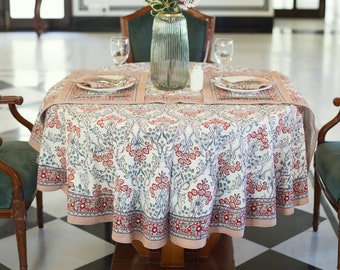 Floral Round Tablecloth, Indian Block Printed Round Table Cover, 90" Inch Tablecloth, Napkin Mats Set, Round TableCloth Runner, Jaipur Cloth