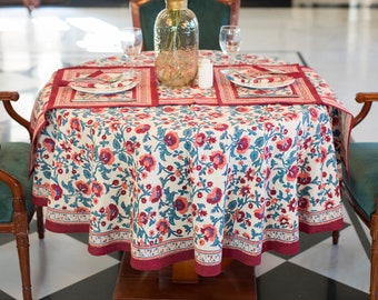 Block Printed Round Tablecloth Floral Print Round Table Cover, 90" Inch Tablecloth, Round Wedding Dinning Table Cover, Bohemian Table cloth