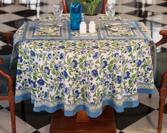 Blue Floral Round Tablecloth, Indian Block Print Round Table Cover, Circle Tablecloth, Housewarming Gift, Country Kitchen Round TableCloth