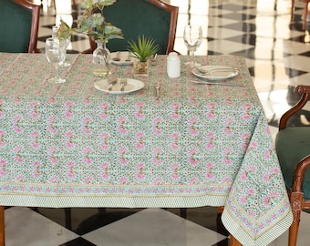 Mantel con estampado de bloques verdes, mantel de jardín, ropa de mesa india, mantel de comedor floral, elegante paisaje de mesa, mantel rectangular