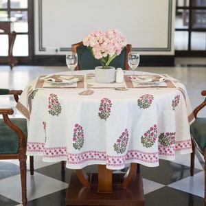 Indian White Round Tablecloth Cover, Block Printed Round Tablecloth, 90" Inch Tablecloth, Floral Round Dinning TableCloth,Circle Table cloth