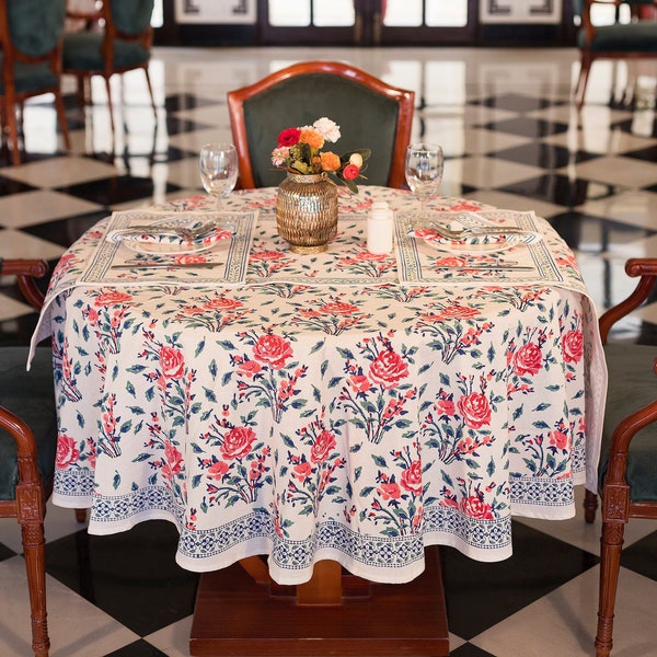 Block Printed Round Tablecloth, Floral Printed Round Tablecloth, Valentine Round Tablecloth, Round Dinning Table Cover,Boho Round Tablecloth