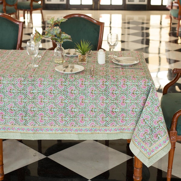 Green Block Print Tablecloth , Garden Tablecloth, Indian Table Linen,  Floral Dinning TableCloth ,Elegant Table Scape, Rectangle Tablecloth