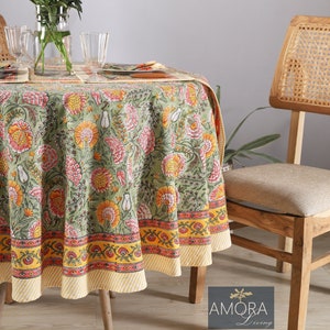 Green Orange Floral Round Tablecloth -  Indian Block Print, Halloween Decor, Housewarming Gift, Country Kitchen Tablecloth 90 inch Round