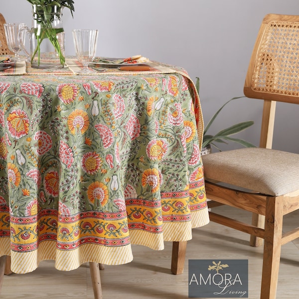 Grün Orange Blumen runde Tischdecke - Indischer Block Print, Halloween Dekor, Einweihungsparty Geschenk, Landhausküche Tischdecke 90 Zoll rund