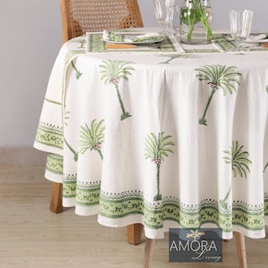 Green Palm Round Tablecloth, Indian Block Print Round Table Cover, Circle Tablecloth, Housewarming Gift, Kitchen Round Table Cloth 108Inch