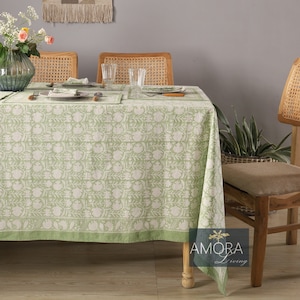 Green Indian Block Print tablecloth, Floral Table Scape Decoration, Runner Mat Napkins Set, Wedding Event Table Cover, Rectangle Table Cover