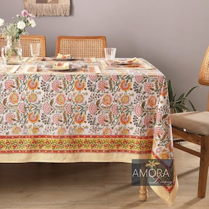Green Orange Indian Block Print tablecloth, Floral Table Scape Decoration, Runner Mat Napkins Set, Wedding Event Table Cover Rectangle