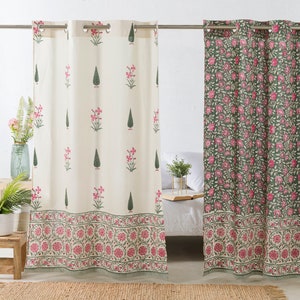 Indian Hand Block Printed Curtains, Set Of Two Cotton Curtain Panel, French Floral Sheer Cotton Curtain, Curtain For Living Room Art Decor