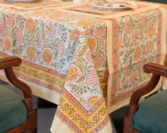 French Tablecloth Cover, Block Printed Tablecloth, Indian Table Linen,  Floral Dinning TableCloth ,Elegant Decoration, Rectangle Tablecloth