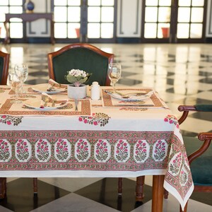 White Indian Block Printed Tablecloth, Bohemian Table Decor, Dinning Table Cloth Cover, 6 Seater Table Cover, Indian Hand Painted Fabric