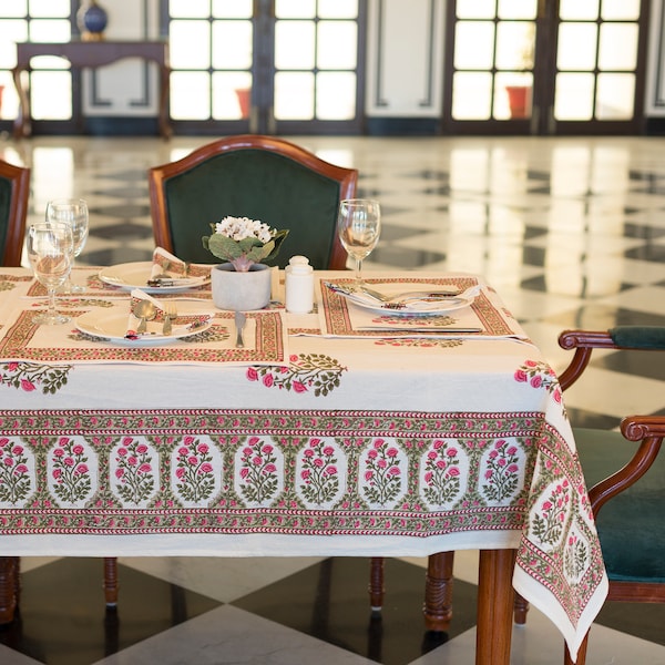 Mantel impreso en bloque indio blanco, decoración de mesa boho, cubierta de tela de mesa de comedor, cubierta de mesa de 6 plazas, tela india pintada a mano