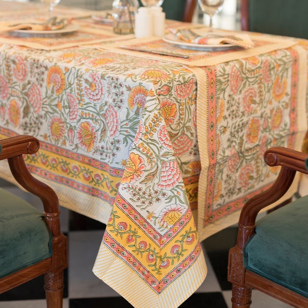 French Tablecloth Cover, Block Printed Tablecloth, Indian Table Linen,  Floral Dinning TableCloth ,Elegant Decoration, Rectangle Tablecloth