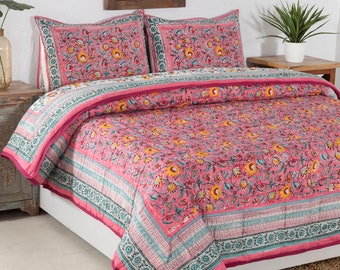 New Floral Print Bedding Throw Hand Print Jaipuri Quilt Throw Soft Cotton Quilt Floral Print Rajai Block Print Quilt Throw