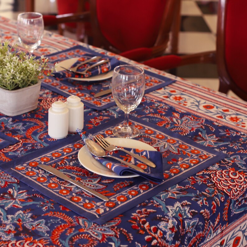 Blue Block Print tablecloth, Wedding Table Cover, Table Cloth Runner Mats Napkins Set, French Anokhi Tablecloth, Modern Table Cloths Dinner zdjęcie 4