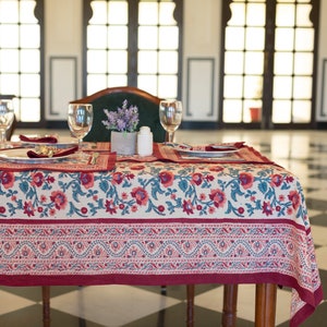 Indian Cotton Table Cover, Block Printed Table Cloth, Cotton Table Cloth, Floral Table Cover, Dinning Table Cloth Cover,6 Seater Table Cover image 2