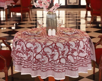 Red Paisley Round Tablecloth, Indian Block Print Round Table Cover, Circle Tablecloth, Housewarming Gift, Wedding Dining Round TableCloth