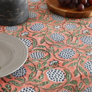 Dark Salmon Pink, Sage Green, Delft Blue Indian Hand Block Printed Tablecloth, Table Cover, Linen Set, Farmhouse Decor, Wedding Tablecloth zdjęcie 4