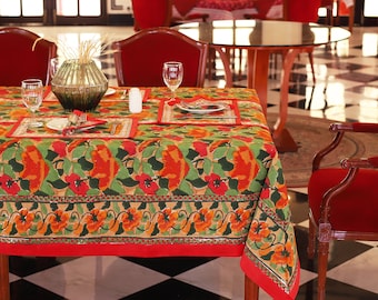 Red Floral Block Print tablecloth, Indian Cotton Table Cover, Rectangle Table Cloth, Christmas Table Cloth, Garden Party Table Elegant Decor