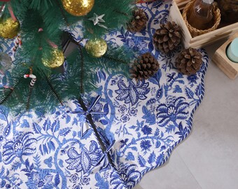 Blue Floral Indian Block Printed Christmas Piping Scallops Tree Skirt, 36 Inch Cotton Tree Skirt, House Boho Christmas Party Tree Mat Skirt