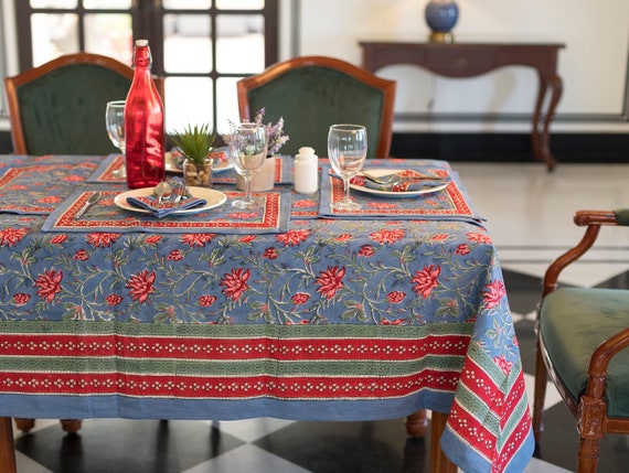 Christmas Tablecloth, Hand Block Printed ,floral Indian Cotton Table Linen  for Sale, Camric Table Cloth , 6 Seater Shabby Chic Table Cover 
