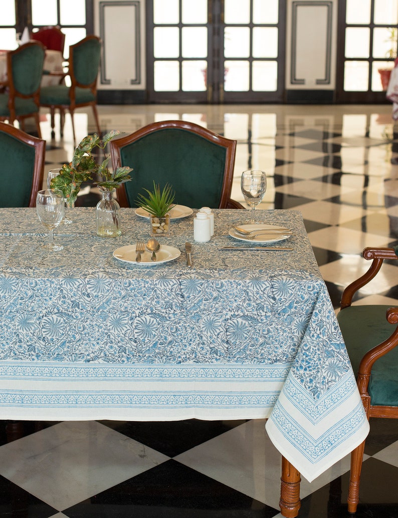 Blue Block Print Tablecloth , Garden Tablecloth, Indian Table Linen, Floral Dinning TableCloth ,Elegant Table Scape, Rectangle Tablecloth image 2