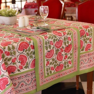 Green Indian Block Print tablecloth, Floral Cotton Table Cover, Table Cloth Runner Mats Napkins Set, French Tablecloth,Rectangle Table Cloth image 1