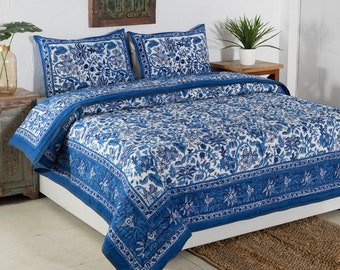 Blue Hand Block Print Quilt, Indian Reversible Razai Cotton Voile Handmade Floral Quilt, Jaipuri razai Comforter Bedspread Throw Blanket