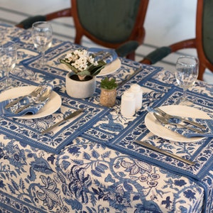 Indian Block Print tablecloth, Floral Cotton Table Cover, Table Cloth Runner Mats Napkins Set ,Blue Jaipur Tablecloth, Rectangle Table Cloth image 5