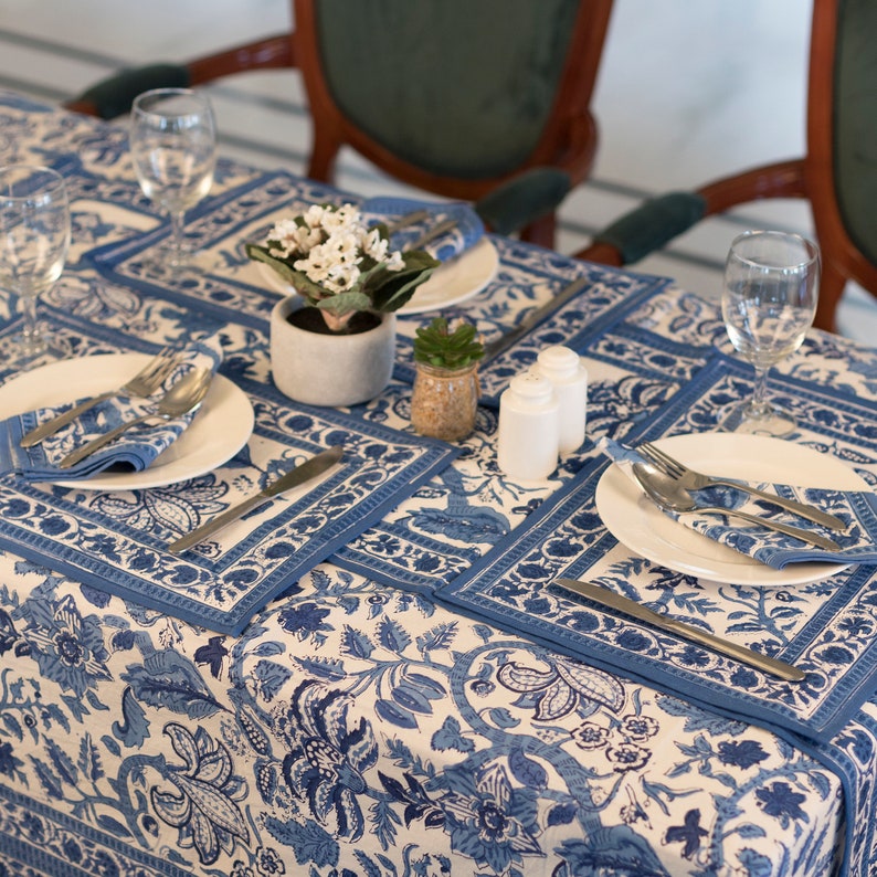 Indian Block Print tafelkleed, Bloemen Katoenen Tafelkleed, Tafelkleed Runner Matten Servetten Set, Blauw Jaipur Tafelkleed, Rechthoek Tafelkleed afbeelding 5