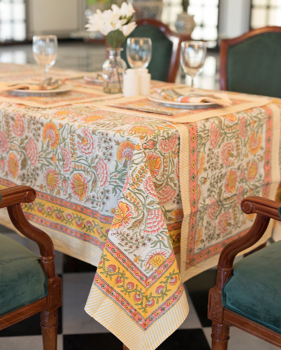French Tablecloth Cover, Block Printed Tablecloth, Indian Table Linen