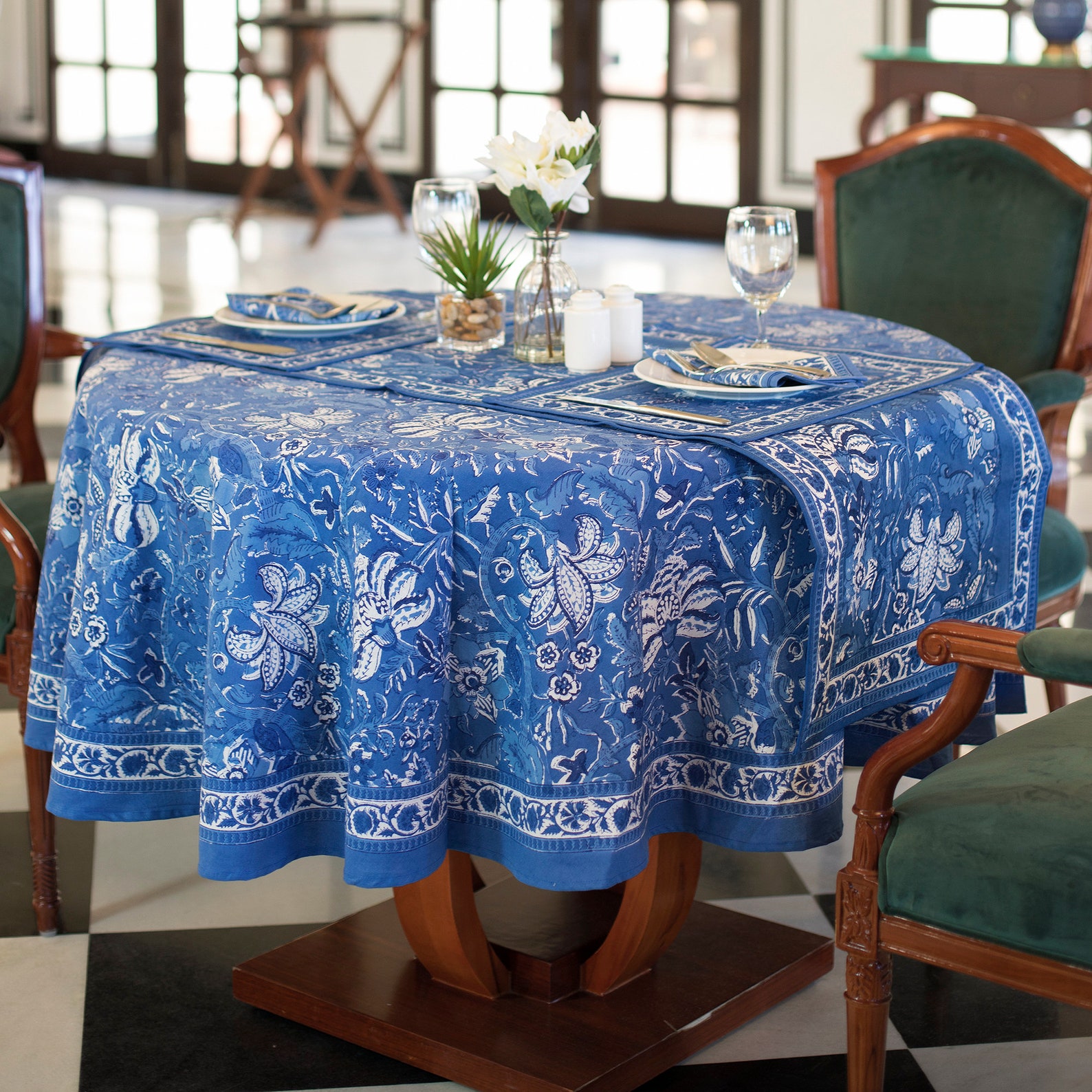 Blue Round Tablecloth Indian Block Printed Round Table Cover Etsy