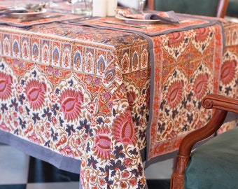 Indian Block Print tablecloth, Floral Cotton Table Cover, Table Cloth Runner Mats Napkins Set , Farmhouse Tablecloth , Gift For New Home