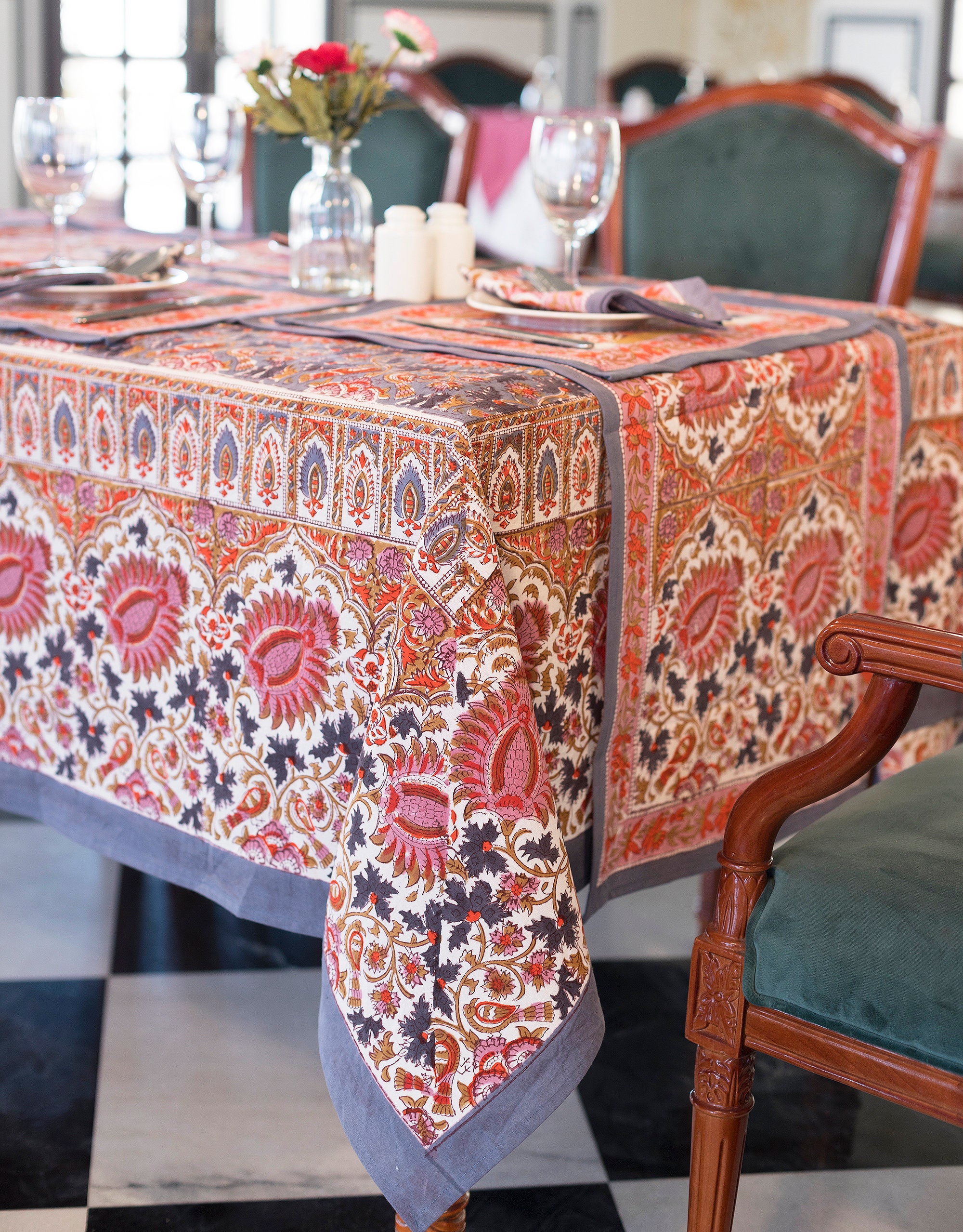 Indian Block Print Tablecloth Floral Cotton Table Cover Table