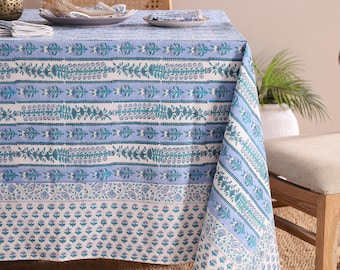 Nappe bleue à imprimé floral : nappe en coton indien