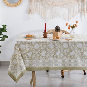 Heather Gray, Old Moss Green and White Indian Floral Hand Block Printed Cotton Cloth Tablecloth, Table Cover, Farmhouse Wedding Christmas