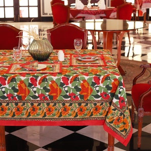 Red Green Floral Block Print tablecloth, Indian Cotton Table Cover, Rectangle Table Cloth, Christmas Table Cloth, Garden Party Table Decor