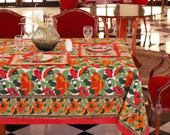 Red Green Floral Block Print tablecloth, Indian Cotton Table Cover, Rectangle Table Cloth, Christmas Table Cloth, Garden Party Table Decor