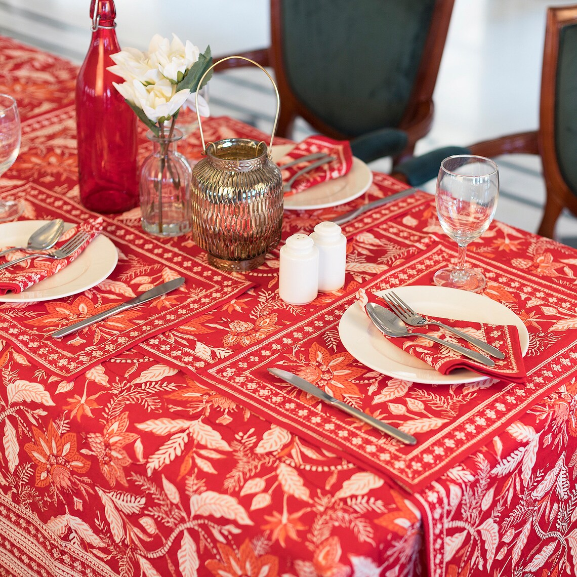 Indian Block Print Tablecloth Red Floral Cotton Table Cover Etsy