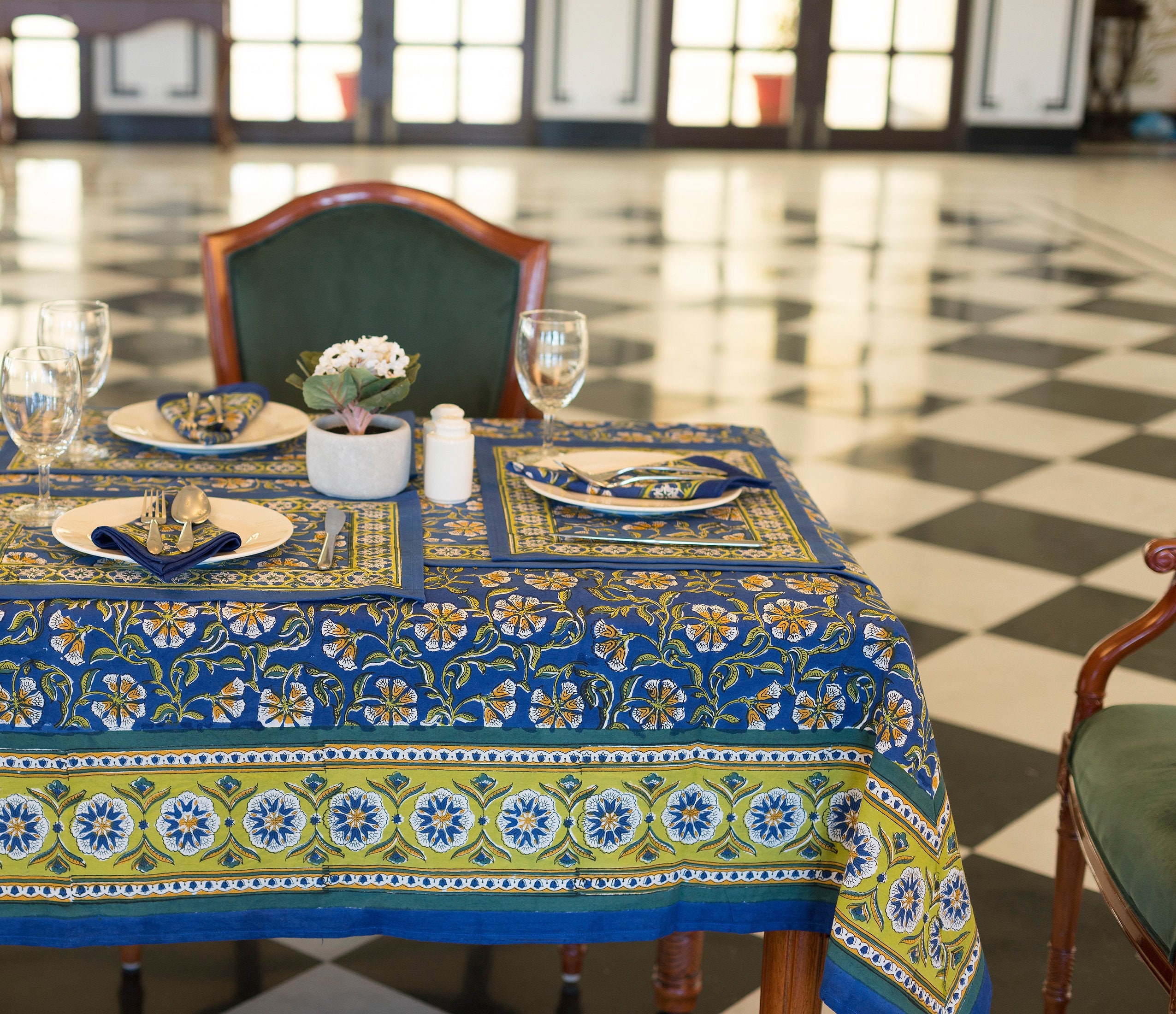 Christmas Tablecloth, Hand Block Printed ,floral Indian Cotton Table Linen  for Sale, Camric Table Cloth , 6 Seater Shabby Chic Table Cover 