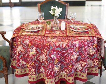 Red Christmas Block Printed Round Tablecloth, Floral Round Tablecover, Boho Round Tablecloth, Round Dinning Table Cover, Round Table Mats