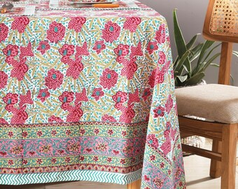 Pink Green Christmas Indian Tablecloth Cover, Block Printed Tablecloth, Wedding Table Decor, 6 Seater Table Cover, Floral Table Cover Set